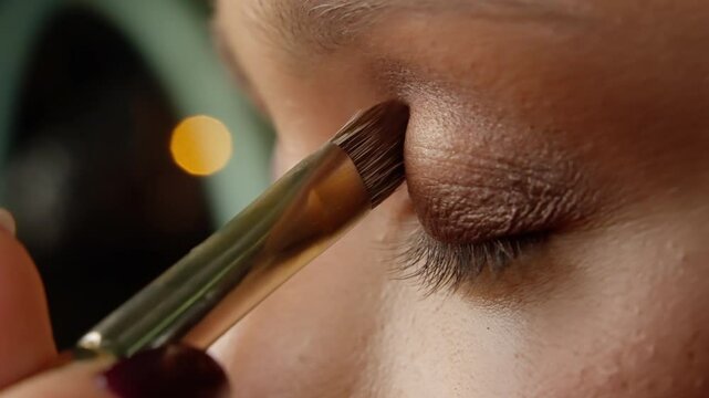Makeup artist carefully blending eyeshadow, showcasing professional beauty technique through precise brush application in detailed close-up view