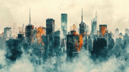 A bustling city skyline is partially obscured by fog at dusk, with bright lights illuminating various high-rise buildings. The blend of fog and light creates a captivating atmosphere