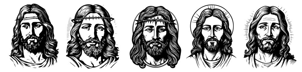 Jesus Christ portraits set vector silhouette shape black outline