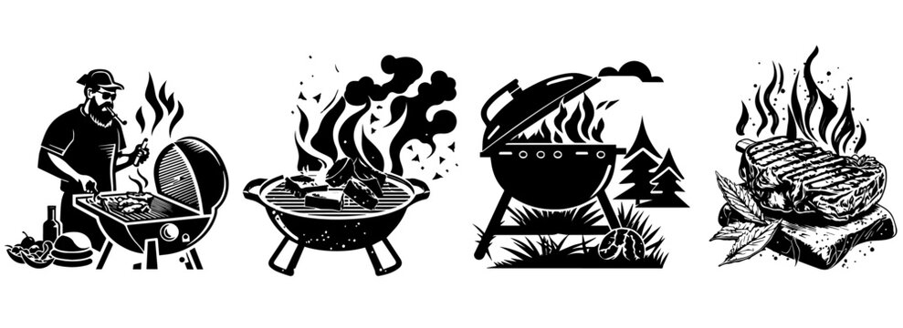 barbecue grill illustrations with meat and flames in vintage style