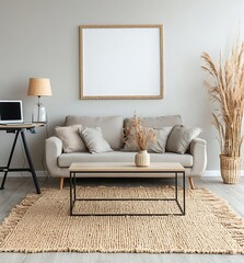 Empty picture frame hangs above couch, work desk, plants in modern living room, background gray wall decor