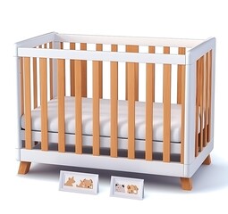 Empty wooden crib on white, with two pictures, ready for a baby, isolated, for parenting
