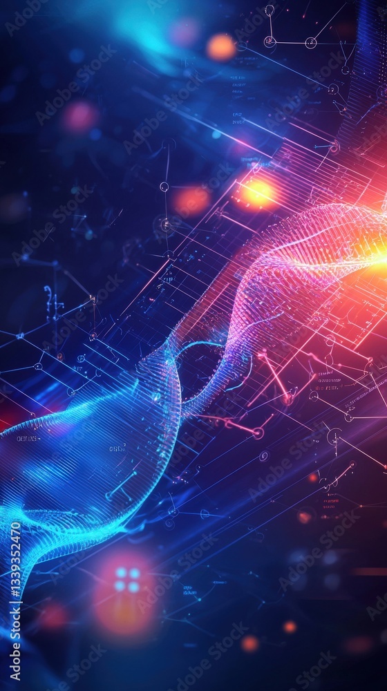 Poster abstract digital waves with illuminating light patterns and graphs