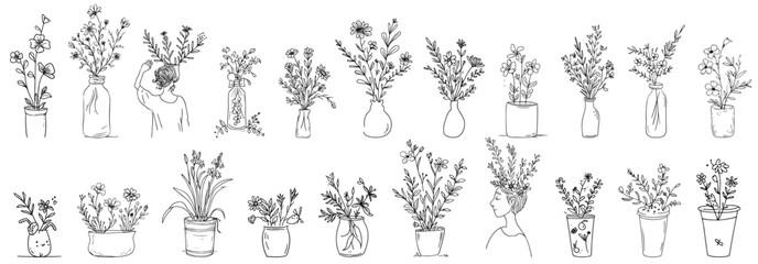 hand-drawn flower bouquets in vases and hands line art collection