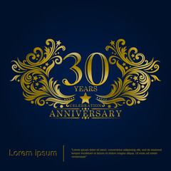 30th years elegant golden anniversary celebration emblem. anniversary logo isolated with brush-strokes rounded by ornate swirls and flourishes. vector illustration template	