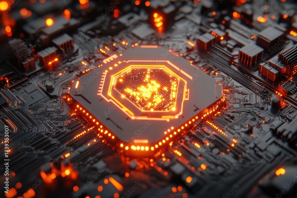 Poster glowing microchip on circuit board futuristic technology background with orange light and dark gray 