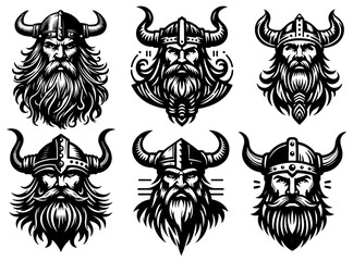 viking warrior head illustrations with detailed helmets and facial hair