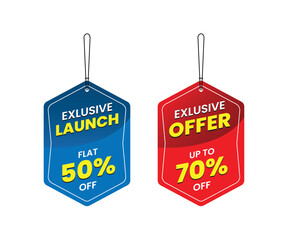 Promotional sale labels best offers sticker bundle, 
Exclusive Launch flat 50% off, Exclusive Offer up to 70% off, Dangler Vector template design, vector illustration. Red, blue and Dangler design.