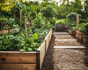 Sustainable permaculture garden with edible plants, compost bins, and rainwater collection, Home Garden Ideas, green living