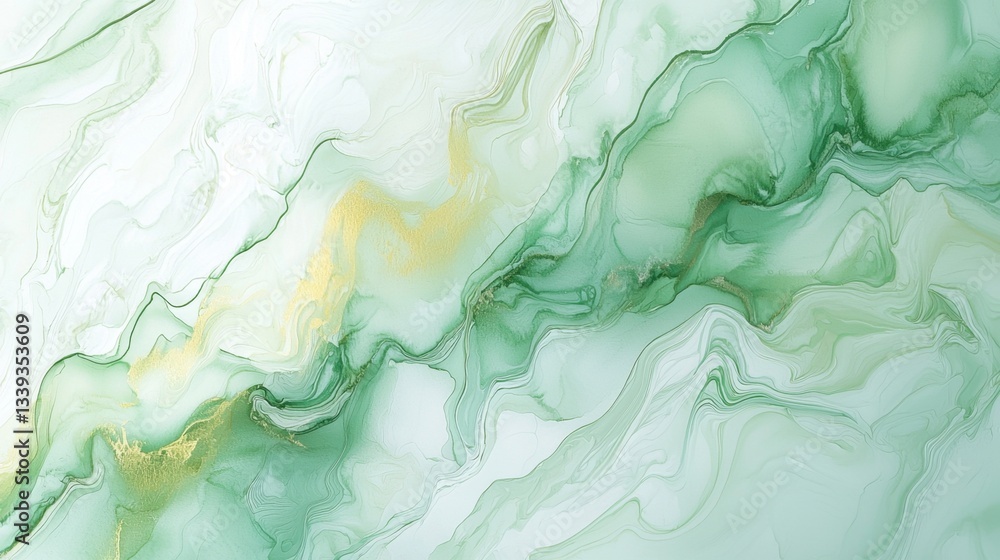 Poster swirling patterns in shades of green create a tranquil abstract texture, with soft gold highlights p