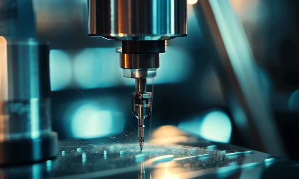Closeup of a Precision CNC Machining Tool Cutting Metal Components in an Industrial Workshop