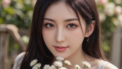 Fototapeta premium Portrait of Serene Asian Woman Holding White Flowers in Garden, Close-up, Soft Light, Natural Beauty, Spring, Floral, Peaceful, Model, Attractive, Portrait Photography