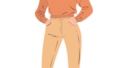 Fototapeta premium A minimalist fashion illustration depicts a full-length view of a woman. She is wearing a long-sleeved, burnt orange crew neck sweater and loose-fitting, high-waisted mustard yellow trousers. The