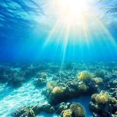 Ocean floor sunlight rays shining underwater