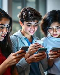 Fototapeta premium Group of Diverse Young Adults Engaging with Smartphones in a Social Setting