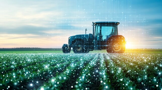 A modern tractor is cultivating lush green agricultural fields at sunset. The landscape showcases how technology enhances farming practices, promoting productivity and sustainability.