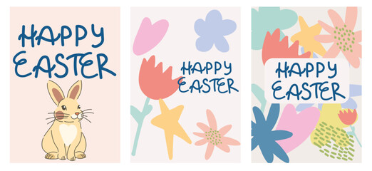 Easter Card and Poster Set. Spring Floral & Cute Rabbit Illustration