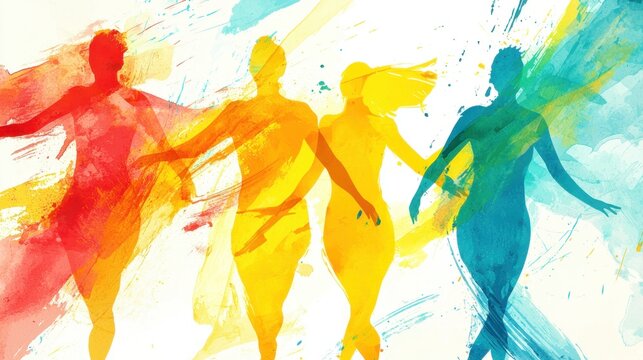Four vibrant silhouettes of women are shown dancing in a lively manner, surrounded by a burst of colorful splashes that evoke a sense of celebration and freedom
