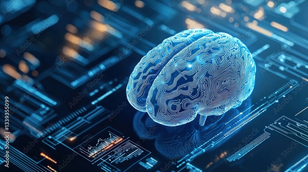 Poster futuristic ai brain model with circuit patterns and neon glow effect