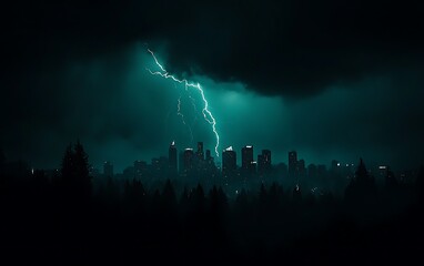 Dramatic Night Cityscape with Lightning