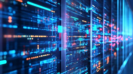 Futuristic data center with glowing server racks and vibrant digital displays in action
