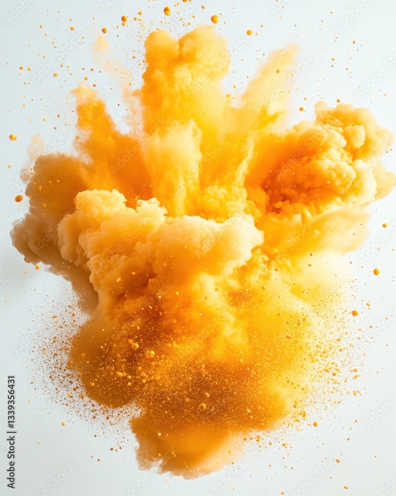 Poster dynamic explosion of vibrant yellow powder against a clean white backdrop creating a captivating vis