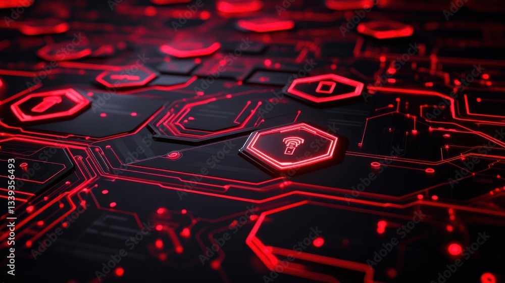 Poster abstract red circuit board with hexagon icons: futuristic technology background