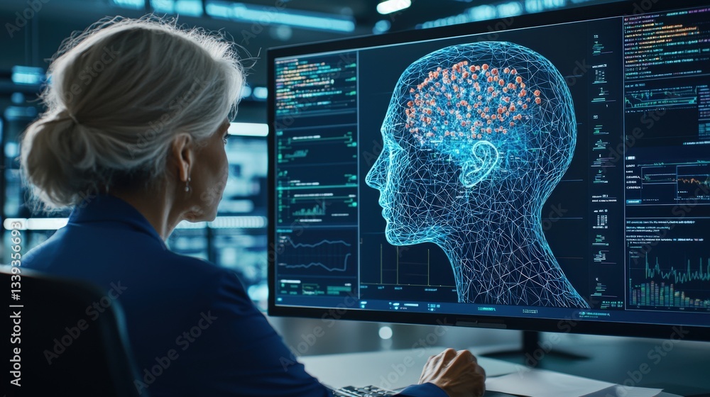 Poster woman analyzing brain activity data on high-tech computer screen