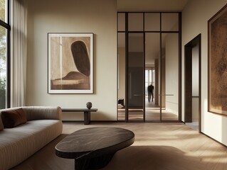 Elegant modern apartment with minimalist design and warm tones