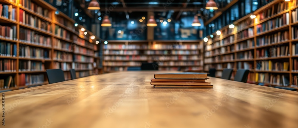 Poster books on a wooden table in a library with warm lighting and bookshelves providing a sense of knowled
