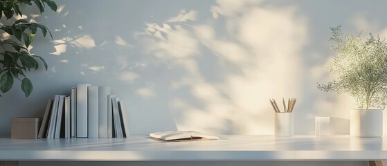 Serene Workspace with Books Pencils and Plants in Natural Light for Study and Creative Work White Desk and Wall