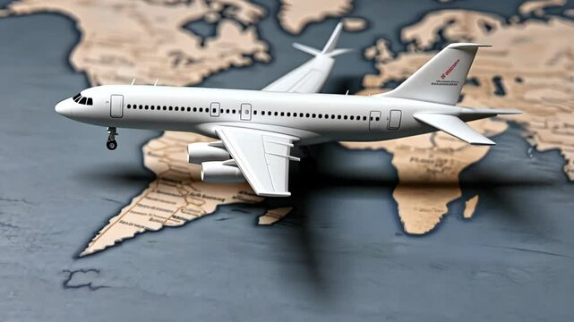 Model airplane rests on a detailed map depicting various countries, emphasizing travel and exploration possibilities around the globe