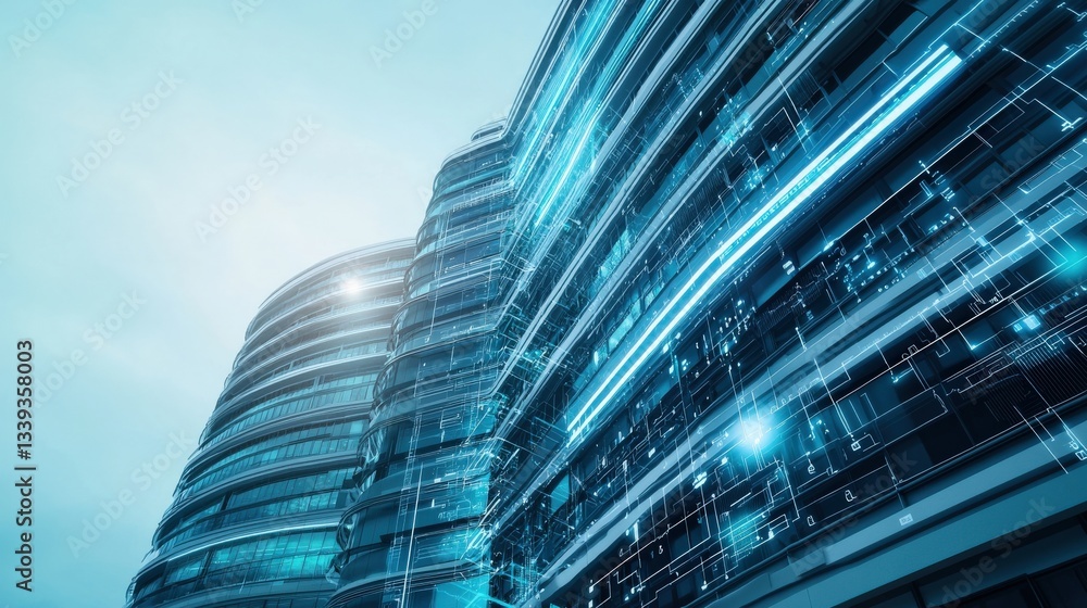 Poster modern architecture with futuristic digital elements and glowing lines