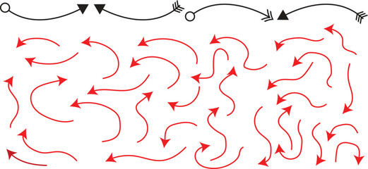 A set of minimalist curved arrows in red and black, perfect for graphic design, diagrams, infographics, business presentations, and creative templates. directional arrows can be used to highlight.