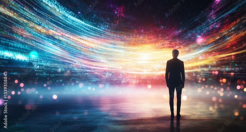 Poster a person stands in a vibrant, futuristic setting that illustrates the blend of modern technology and