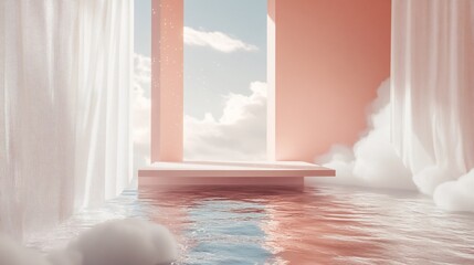 Serene space with soft clouds and reflective water, evoking tranquility.