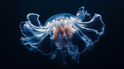 Fototapeta premium A surreal underwater shot of a jellyfish pulsating gracefully in a dark, mysterious ocean. 