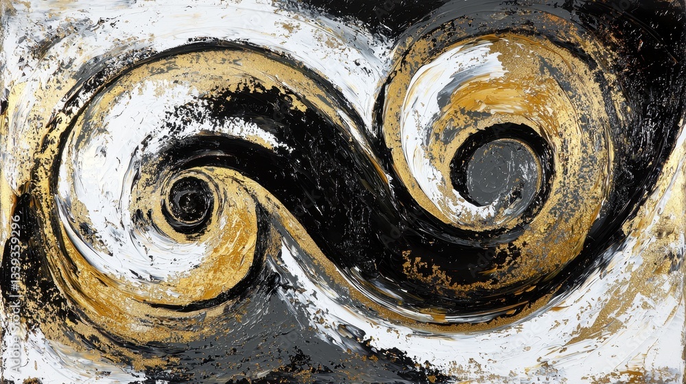 Poster bold abstract artwork features dynamic swirling patterns in black, white, and gold colors. the intri
