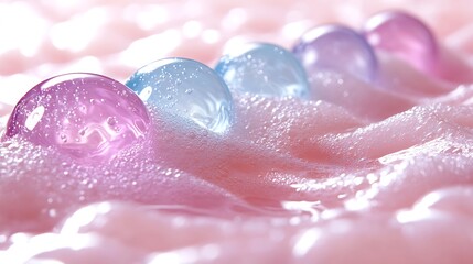 Colorful translucent spheres rest on bubbly pink foamy substance