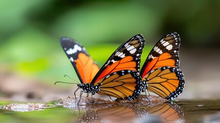 Fototapeta premium A group of butterflies gathering around a water puddle, demonstrating essential pollinator behavior