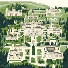 A detailed overhead illustrated map depicting multiple castles and landscapes