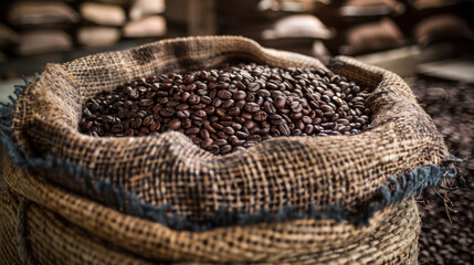 Obraz premium Freshly roasted coffee beans in burlap sack, showcasing rich texture and aroma. Perfect for coffee lovers and enthusiasts