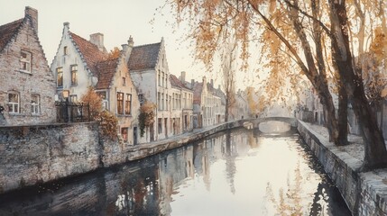 Obraz premium A picturesque canal reflects the golden hues of autumn. Quaint buildings line the waterway, creating a serene atmosphere during a calm morning in the historic city