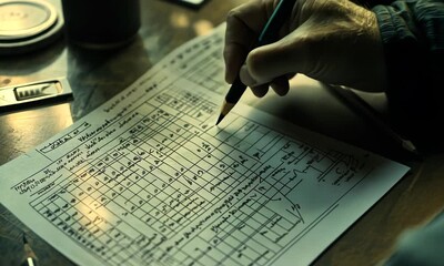 Detailed Document with Handwritten Entries on a Wooden Desk in a Cozy Workspace - Powered by Adobe