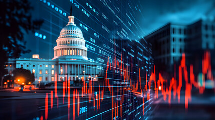 A double-exposure effect of the U.S. Capitol and a fluctuating stock market graph, merging seamlessly into each other, symbolizing economic governance and financial policy shifts.