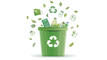 A digital illustration depicting a green cylindrical recycling bin.  The bin features a prominent recycling symbol.  Various recyclable items such as bottles, packaging, and bags are shown floating