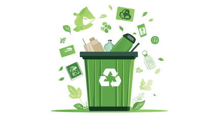 A digital illustration depicting a green recycling bin overflowing with various recyclable materials. The bin is prominently displayed in the center, marked with a universally recognized recycling