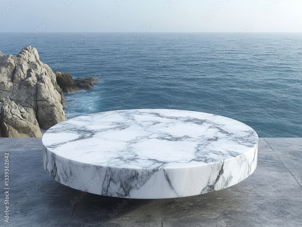 Poster serene marble platform displaying ocean view with coastal rocks and tranquil waterscape backdrop for