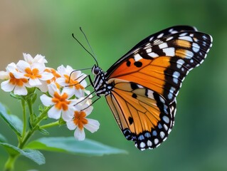 Naklejka premium Ecological balance portrayed through a butterfly pollinating flowers in a rewilding project