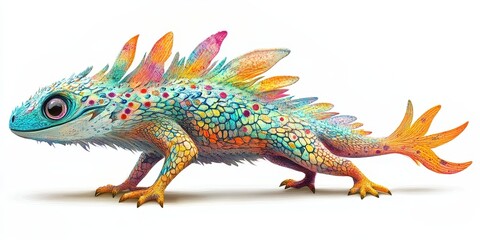 Obraz premium A vibrantly colored lizard creature poses against a clean white background